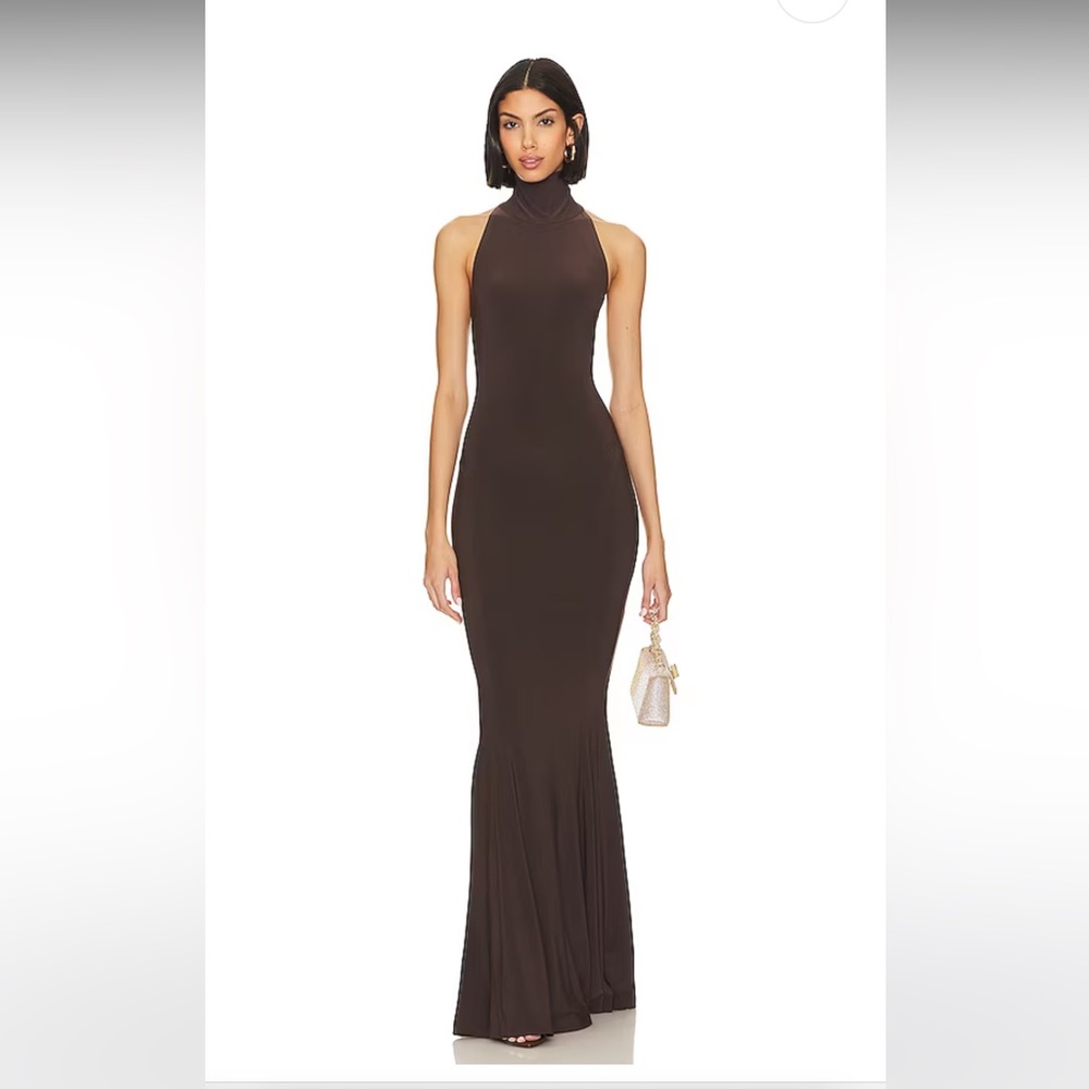 Norma Kamali Chocolate Brown Halter Maxi Dress